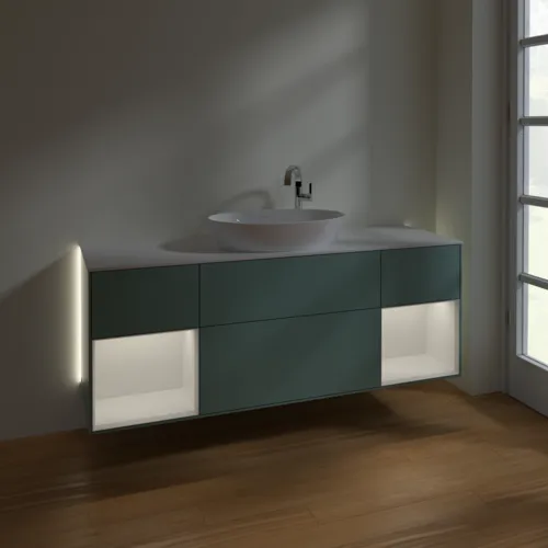 Bild von VILLEROY BOCH Finion Waschbeckenunterschrank, mit Beleuchtung, 4 Auszüge, 1600 x 603 x 501 mm, Olive Matt Lacquer / Glossy White Lacquer / Glass White Matt #G981GFGM