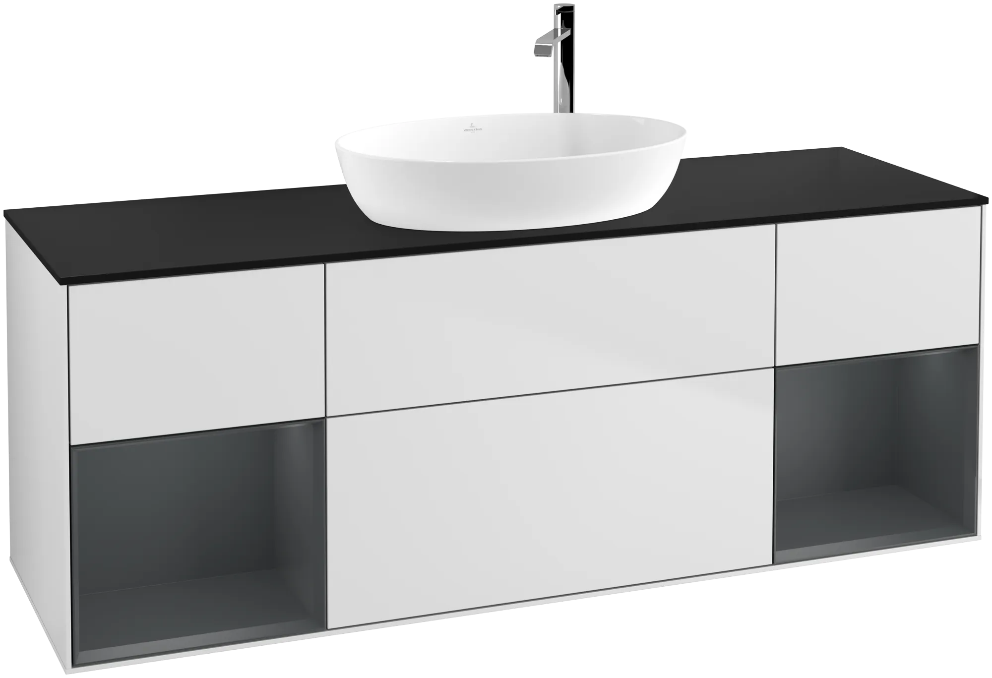 Picture of VILLEROY BOCH Finion Vanity unit, with lighting, 4 pull-out compartments, 1600 x 603 x 501 mm, White Matt Lacquer / Midnight Blue Matt Lacquer / Glass Black Matt #G982HGMT