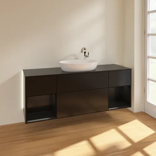 Bild von VILLEROY BOCH Finion Waschbeckenunterschrank, mit Beleuchtung, 4 Auszüge, 1600 x 603 x 501 mm, Black Matt Lacquer / Black Matt Lacquer / Glass Black Matt #G982PDPD