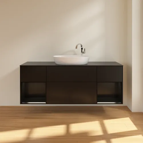 Bild von VILLEROY BOCH Finion Waschbeckenunterschrank, mit Beleuchtung, 4 Auszüge, 1600 x 603 x 501 mm, Black Matt Lacquer / Black Matt Lacquer / Glass Black Matt #G982PDPD