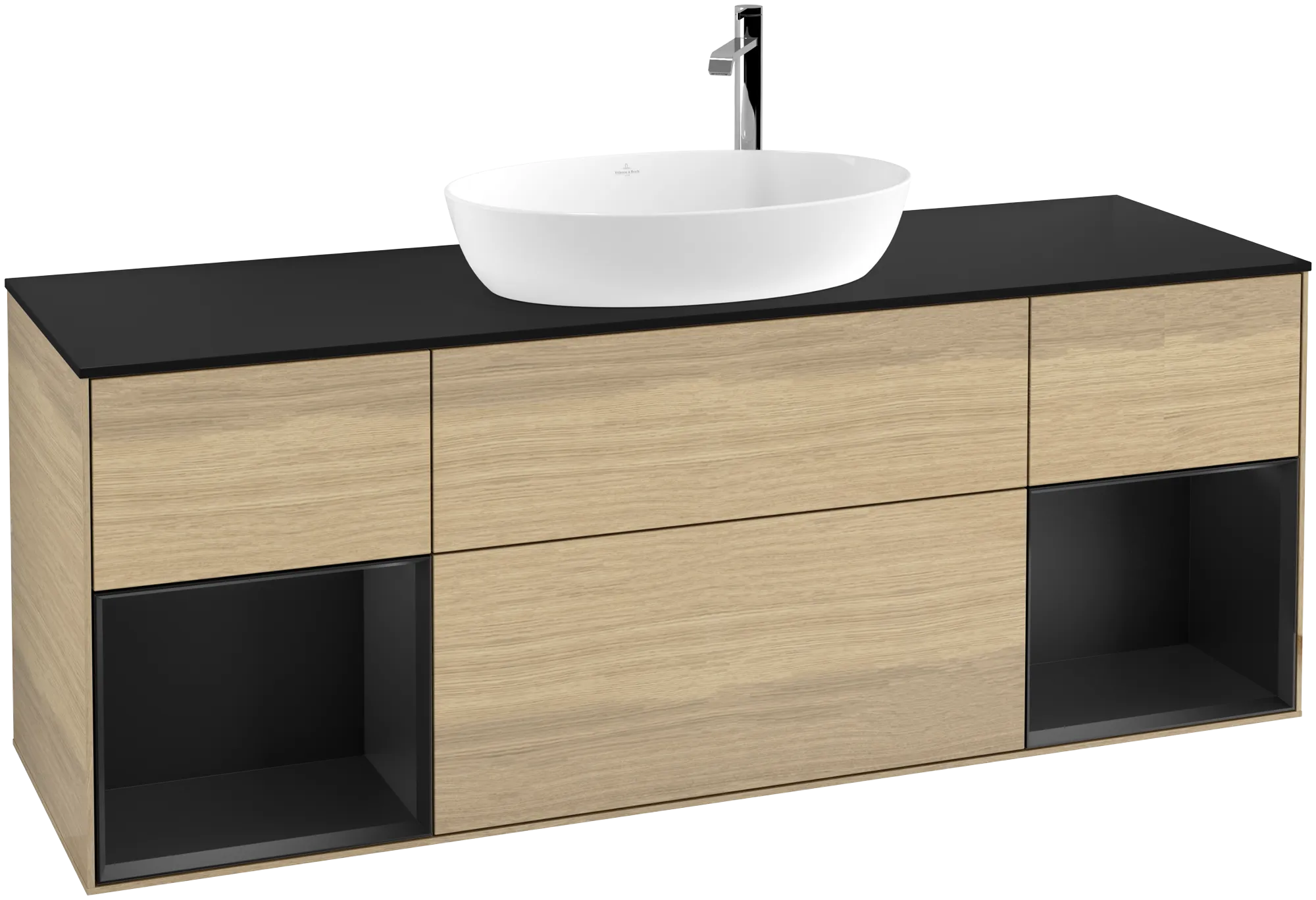 Picture of VILLEROY BOCH Finion Vanity unit, with lighting, 4 pull-out compartments, 1600 x 603 x 501 mm, Oak Veneer / Black Matt Lacquer / Glass Black Matt #G982PDPC