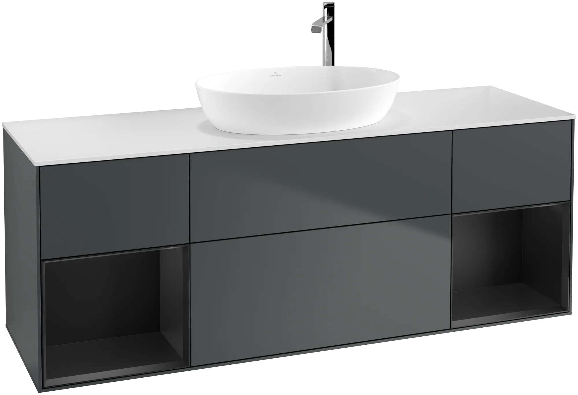 Picture of VILLEROY BOCH Finion Vanity unit, with lighting, 4 pull-out compartments, 1600 x 603 x 501 mm, Midnight Blue Matt Lacquer / Black Matt Lacquer / Glass White Matt #G981PDHG