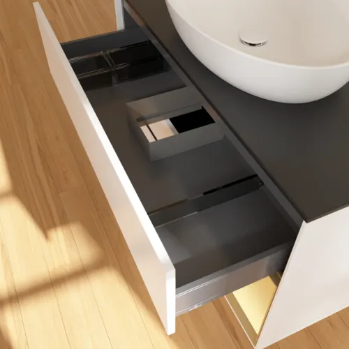 VILLEROY BOCH Finion Waschbeckenunterschrank, mit Beleuchtung, 2 Auszüge, 1000 x 603 x 501 mm, White Matt Lacquer / Gold Matt Lacquer / Glass Black Matt #GA22HFMT, Bild 8