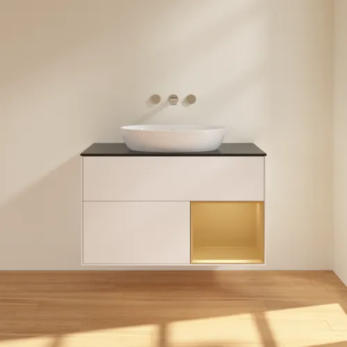VILLEROY BOCH Finion Waschbeckenunterschrank, mit Beleuchtung, 2 Auszüge, 1000 x 603 x 501 mm, White Matt Lacquer / Gold Matt Lacquer / Glass Black Matt #GA22HFMT, Bild 3