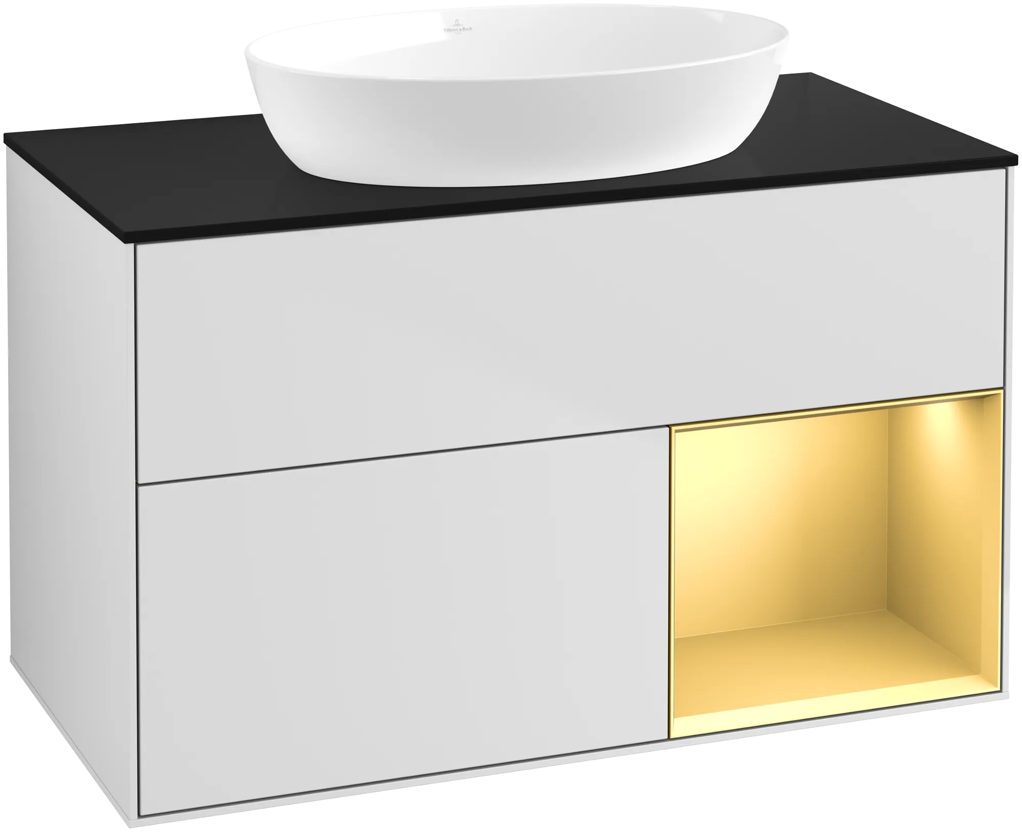 Picture of VILLEROY BOCH Finion Vanity unit, with lighting, 2 pull-out compartments, 1000 x 603 x 501 mm, White Matt Lacquer / Gold Matt Lacquer / Glass Black Matt #GA22HFMT