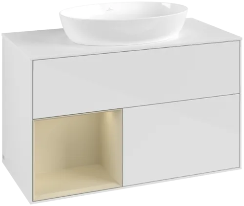 Picture of VILLEROY BOCH Finion Vanity unit, with lighting, 2 pull-out compartments, 1000 x 603 x 501 mm, Glossy White Lacquer / Silk Grey Matt Lacquer / Glass White Matt #GA11HJGF