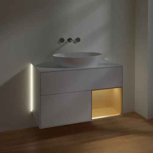 Obrázek VILLEROY BOCH Finion Vanity unit, with lighting, 2 pull-out compartments, 1000 x 603 x 501 mm, Glossy White Lacquer / Gold Matt Lacquer / Glass White Matt #GA21HFGF