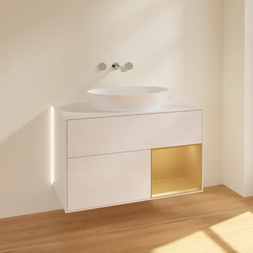 Obrázek VILLEROY BOCH Finion Vanity unit, with lighting, 2 pull-out compartments, 1000 x 603 x 501 mm, Glossy White Lacquer / Gold Matt Lacquer / Glass White Matt #GA21HFGF