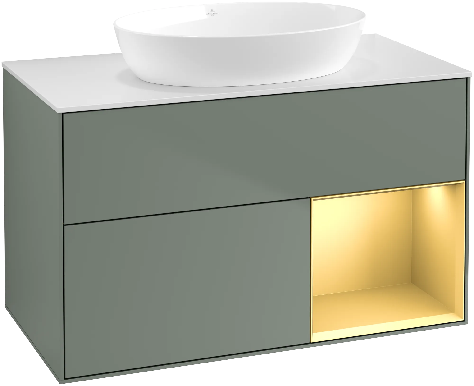 Picture of VILLEROY BOCH Finion Vanity unit, with lighting, 2 pull-out compartments, 1000 x 603 x 501 mm, Olive Matt Lacquer / Gold Matt Lacquer / Glass White Matt #GA21HFGM