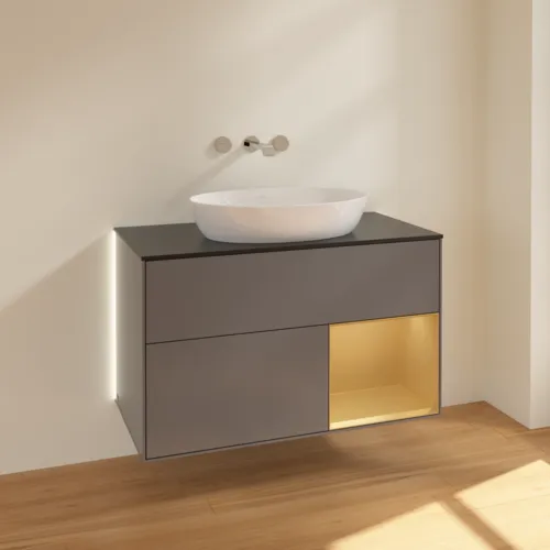Obrázek VILLEROY BOCH Finion Vanity unit, with lighting, 2 pull-out compartments, 1000 x 603 x 501 mm, Anthracite Matt Lacquer / Gold Matt Lacquer / Glass Black Matt #GA22HFGK