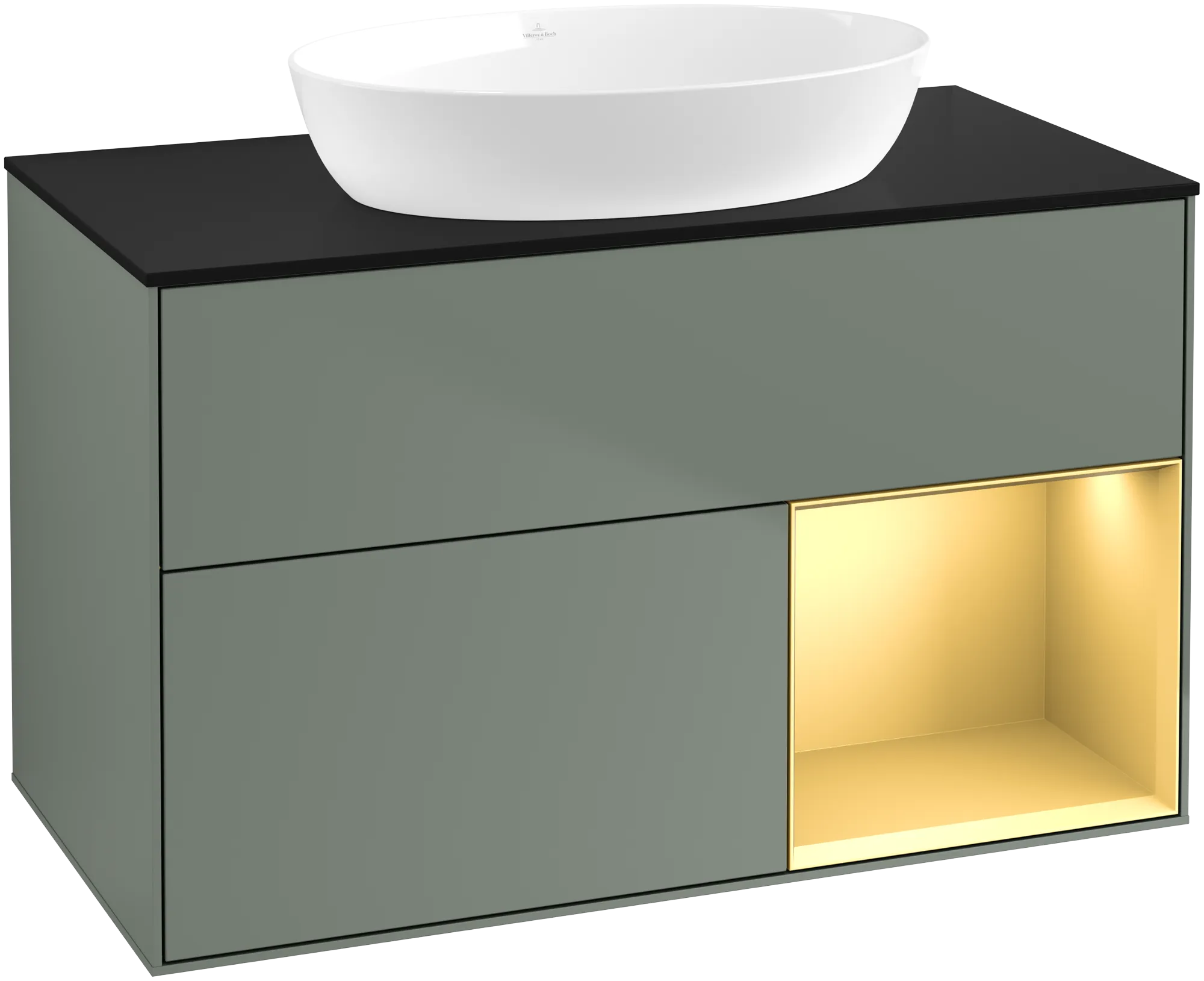 VILLEROY BOCH Finion Vanity unit, with lighting, 2 pull-out compartments, 1000 x 603 x 501 mm, Olive Matt Lacquer / Gold Matt Lacquer / Glass Black Matt #GA22HFGM resmi