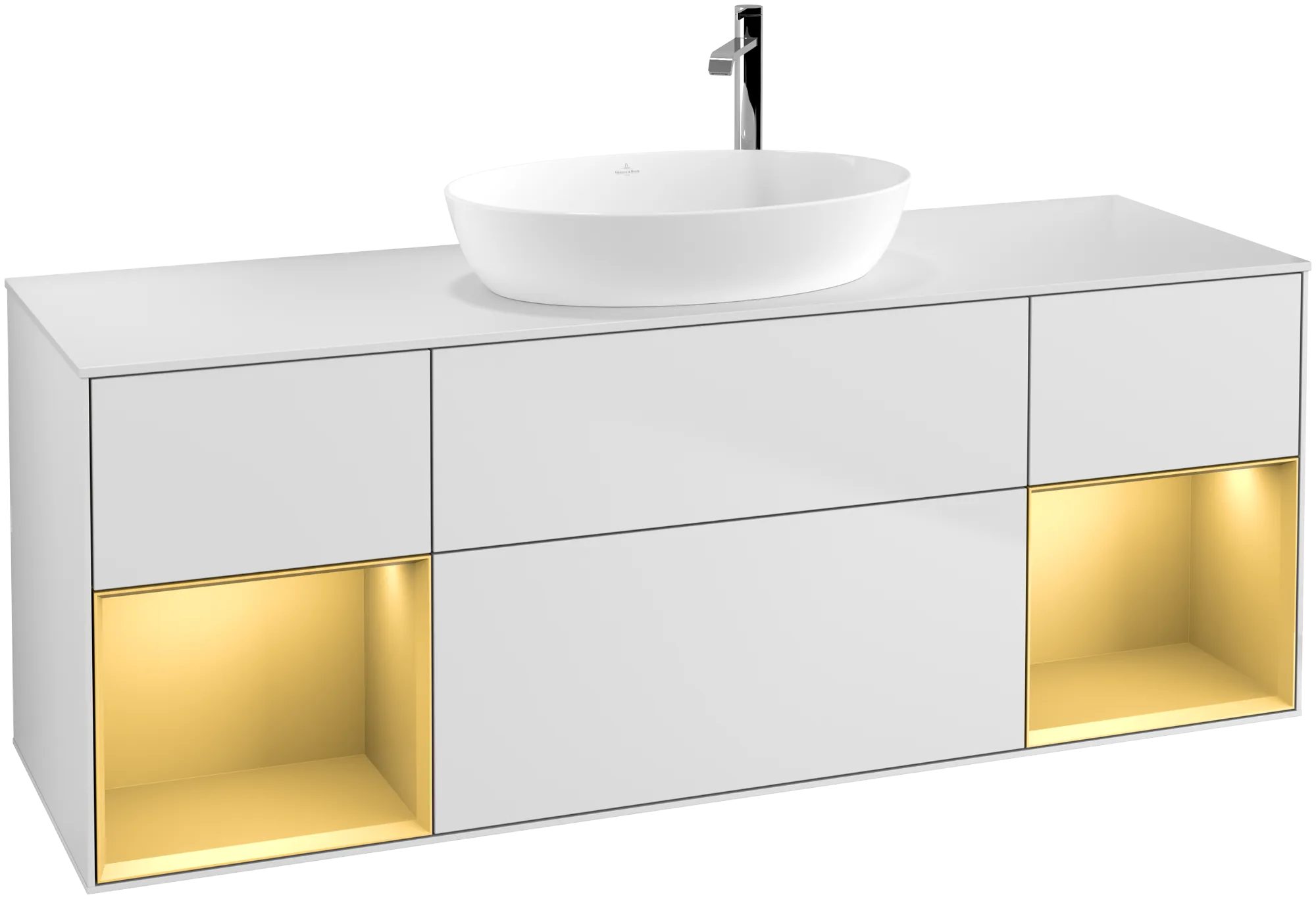 VILLEROY BOCH Finion Vanity unit, with lighting, 4 pull-out compartments, 1600 x 603 x 501 mm, White Matt Lacquer / Gold Matt Lacquer / Glass White Matt #G981HFMT resmi