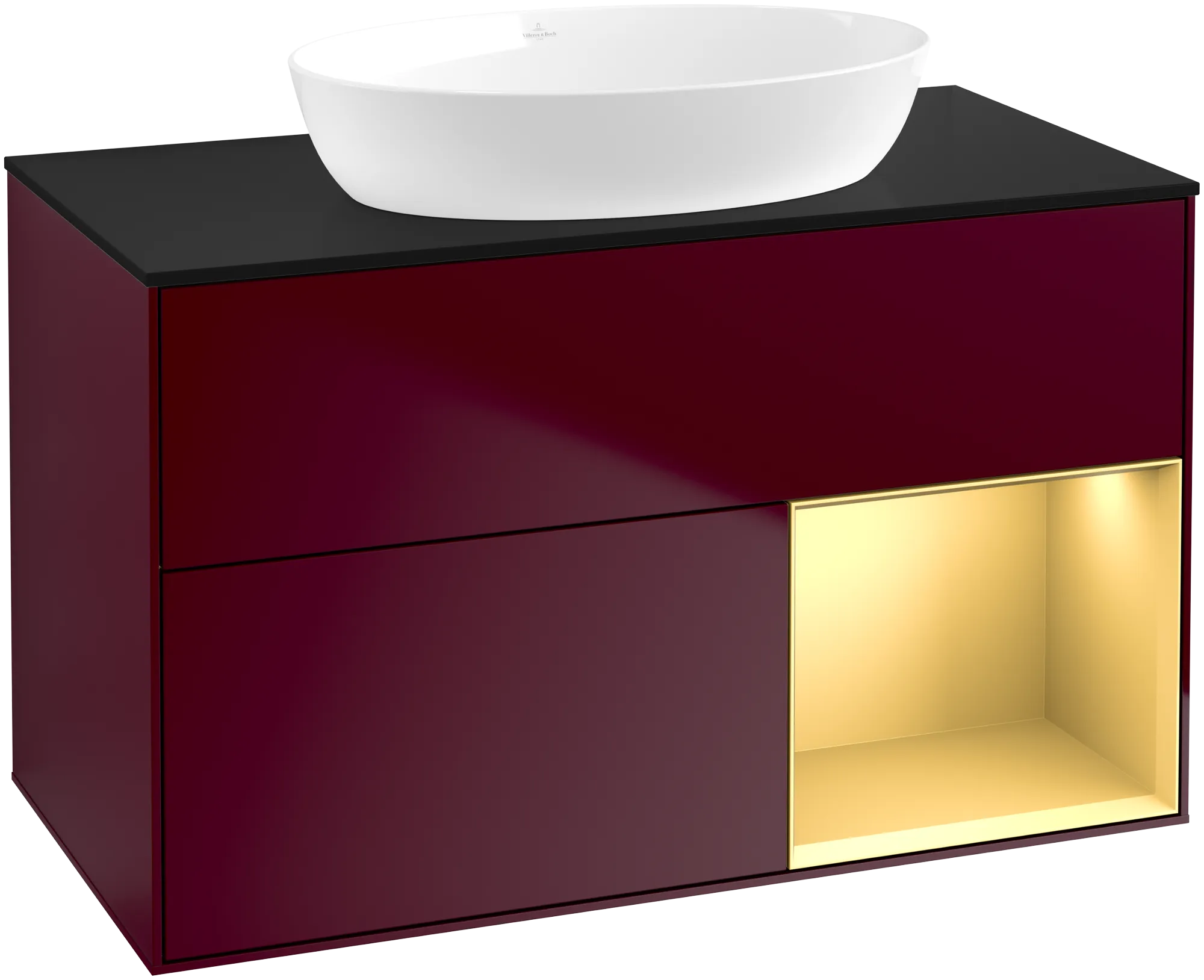 VILLEROY BOCH Finion Vanity unit, with lighting, 2 pull-out compartments, 1000 x 603 x 501 mm, Peony Matt Lacquer / Gold Matt Lacquer / Glass Black Matt #GA22HFHB resmi