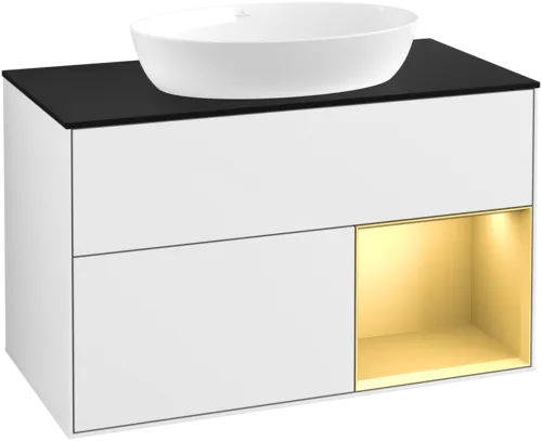Зображення з  VILLEROY BOCH Finion Vanity unit, with lighting, 2 pull-out compartments, 1000 x 603 x 501 mm, Glossy White Lacquer / Gold Matt Lacquer / Glass Black Matt #GA22HFGF
