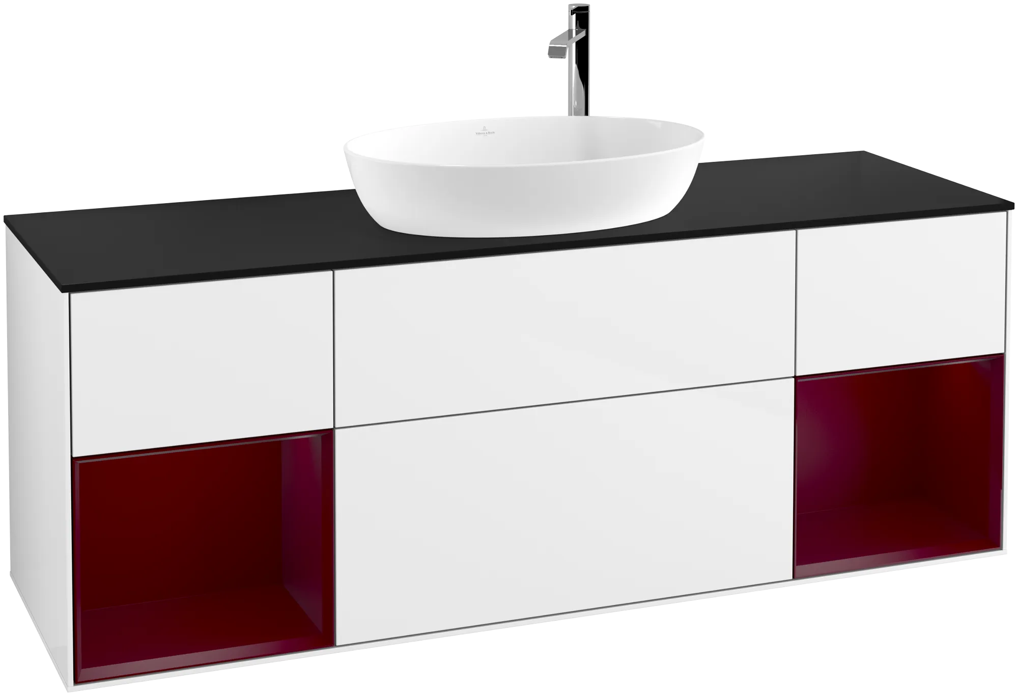 Picture of VILLEROY BOCH Finion Vanity unit, with lighting, 4 pull-out compartments, 1600 x 603 x 501 mm, Glossy White Lacquer / Peony Matt Lacquer / Glass Black Matt #G982HBGF
