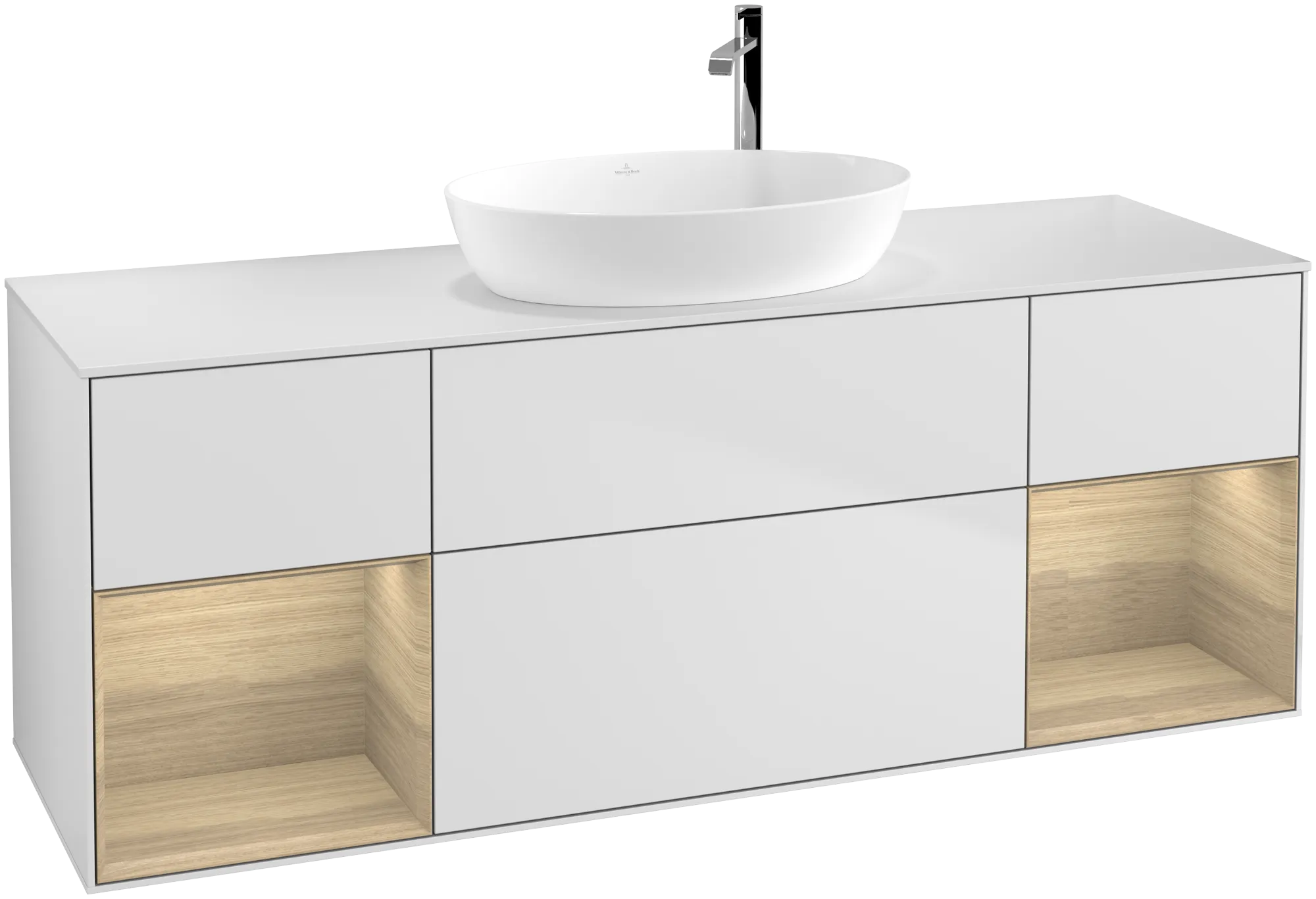 Picture of VILLEROY BOCH Finion Vanity unit, with lighting, 4 pull-out compartments, 1600 x 603 x 501 mm, White Matt Lacquer / Oak Veneer / Glass White Matt #G981PCMT