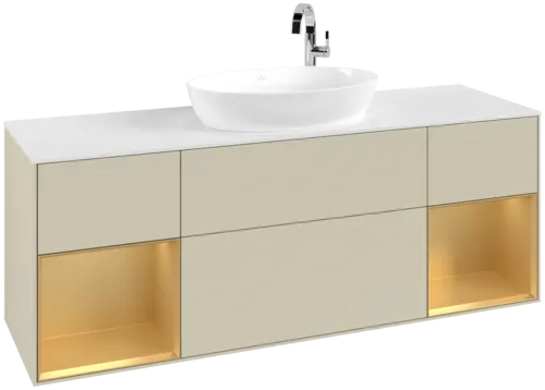 Picture of VILLEROY BOCH Finion Vanity unit, with lighting, 4 pull-out compartments, 1600 x 603 x 501 mm, Silk Grey Matt Lacquer / Gold Matt Lacquer / Glass White Matt #G981HFHJ