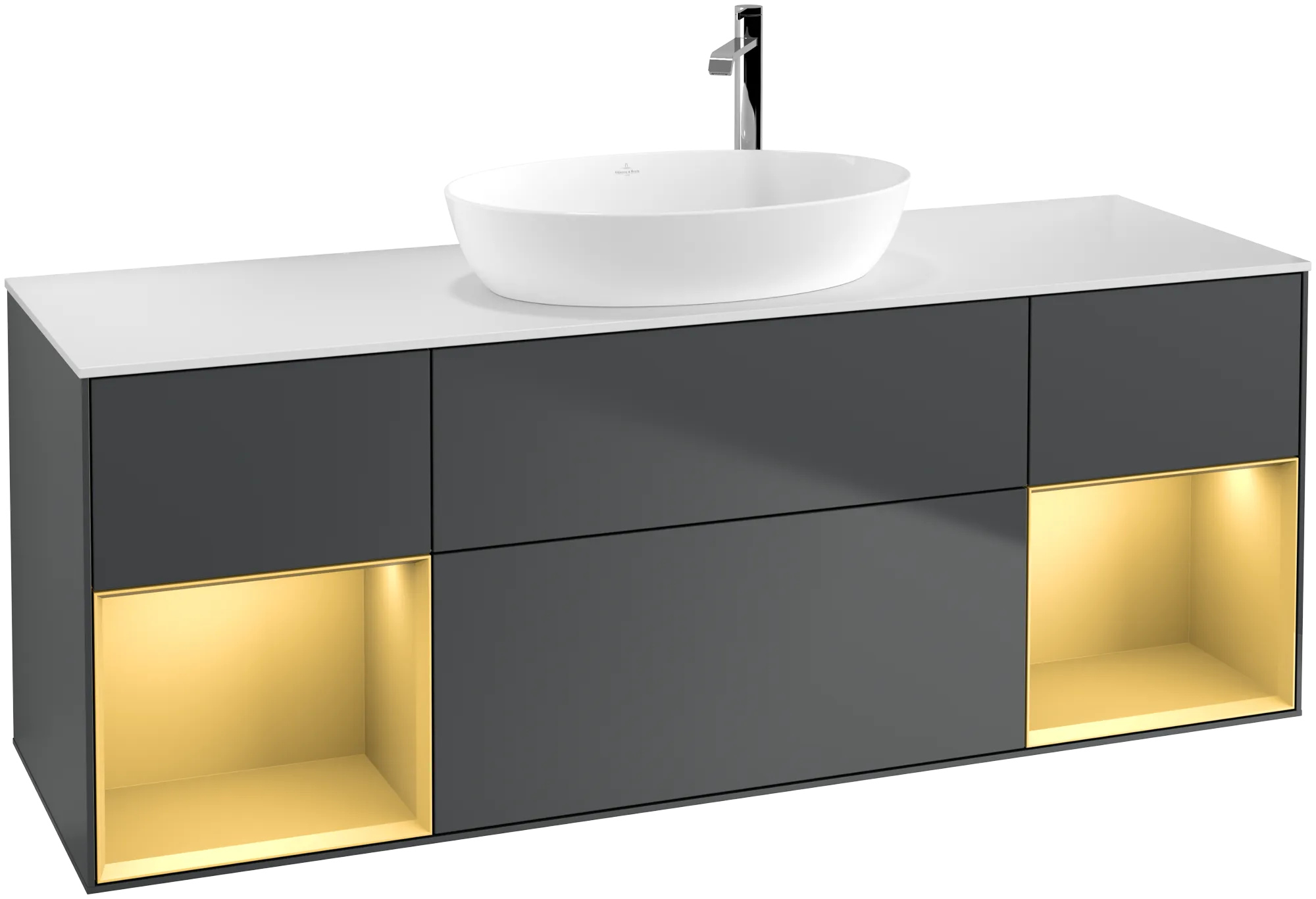 Picture of VILLEROY BOCH Finion Vanity unit, with lighting, 4 pull-out compartments, 1600 x 603 x 501 mm, Midnight Blue Matt Lacquer / Gold Matt Lacquer / Glass White Matt #G981HFHG