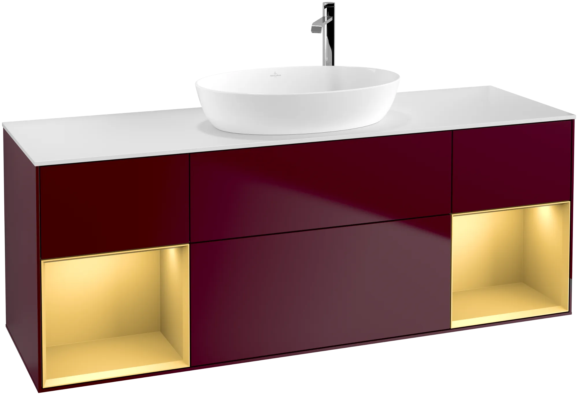 Picture of VILLEROY BOCH Finion Vanity unit, with lighting, 4 pull-out compartments, 1600 x 603 x 501 mm, Peony Matt Lacquer / Gold Matt Lacquer / Glass White Matt #G981HFHB