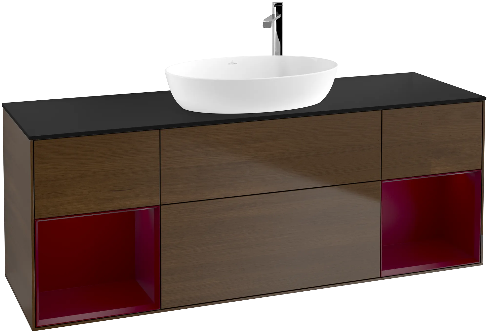 Picture of VILLEROY BOCH Finion Vanity unit, with lighting, 4 pull-out compartments, 1600 x 603 x 501 mm, Walnut Veneer / Peony Matt Lacquer / Glass Black Matt #G982HBGN