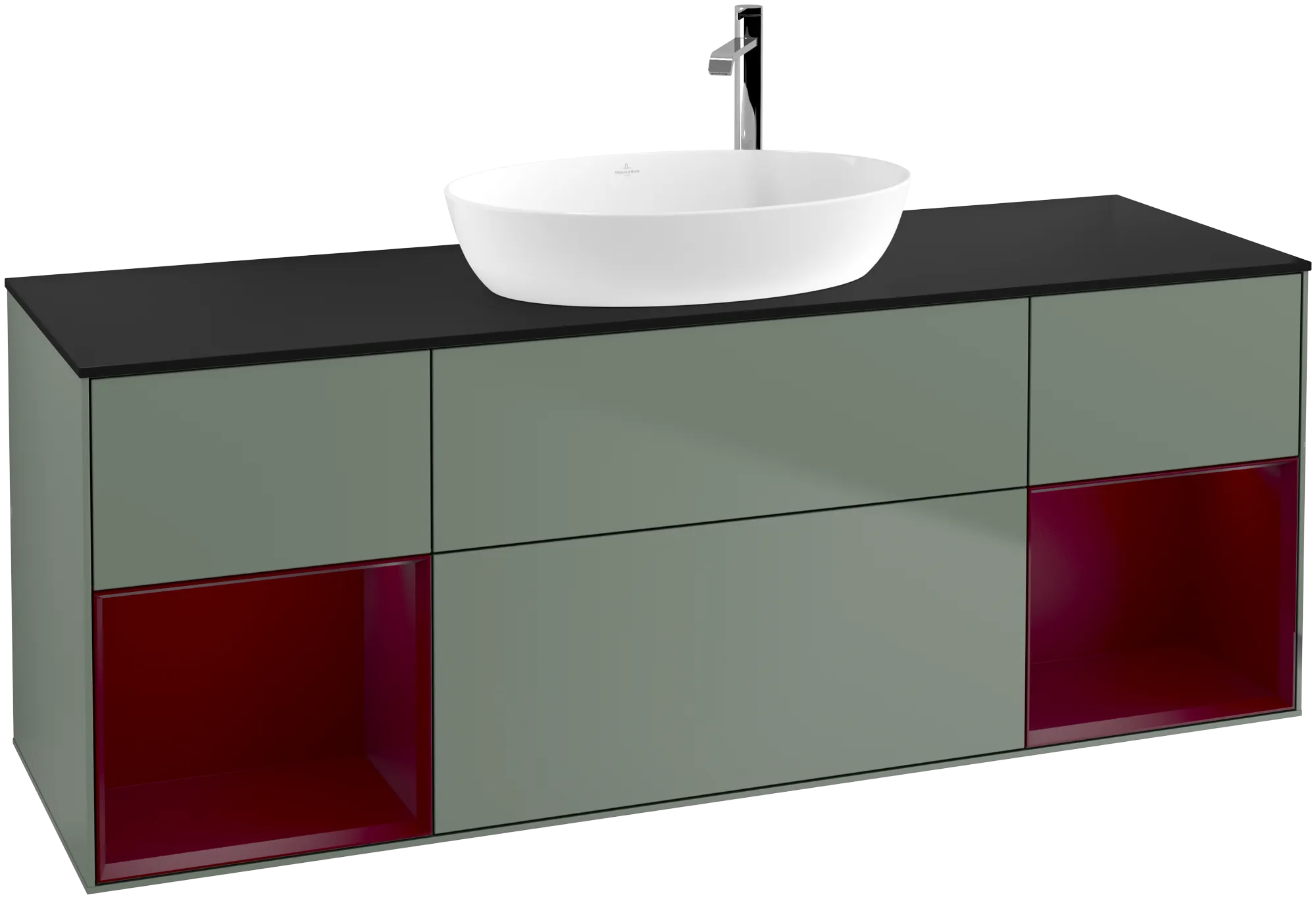 Picture of VILLEROY BOCH Finion Vanity unit, with lighting, 4 pull-out compartments, 1600 x 603 x 501 mm, Olive Matt Lacquer / Peony Matt Lacquer / Glass Black Matt #G982HBGM