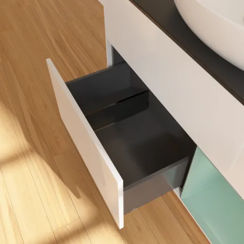 Bild von VILLEROY BOCH Finion Waschbeckenunterschrank, mit Beleuchtung, 2 Auszüge, 1000 x 603 x 501 mm, Glossy White Lacquer / Olive Matt Lacquer / Glass Black Matt #GA22GMGF