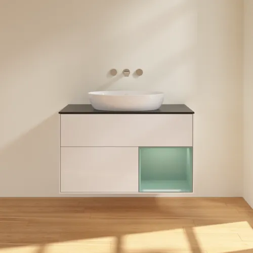 Bild von VILLEROY BOCH Finion Waschbeckenunterschrank, mit Beleuchtung, 2 Auszüge, 1000 x 603 x 501 mm, Glossy White Lacquer / Olive Matt Lacquer / Glass Black Matt #GA22GMGF