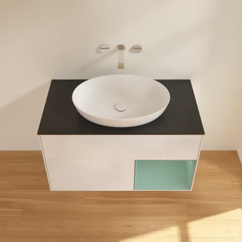 Bild von VILLEROY BOCH Finion Waschbeckenunterschrank, mit Beleuchtung, 2 Auszüge, 1000 x 603 x 501 mm, Glossy White Lacquer / Olive Matt Lacquer / Glass Black Matt #GA22GMGF