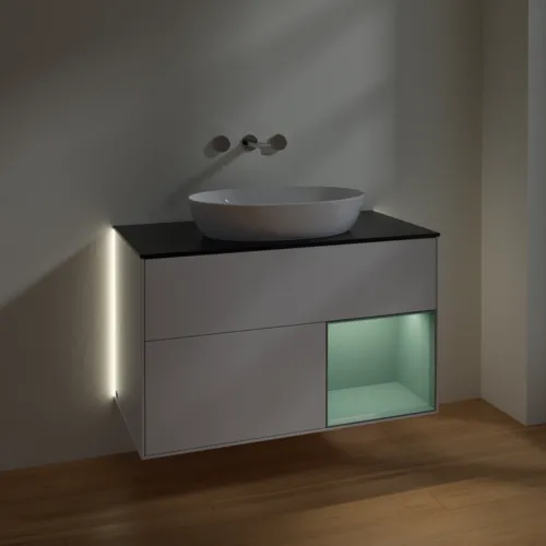 Bild von VILLEROY BOCH Finion Waschbeckenunterschrank, mit Beleuchtung, 2 Auszüge, 1000 x 603 x 501 mm, Glossy White Lacquer / Olive Matt Lacquer / Glass Black Matt #GA22GMGF