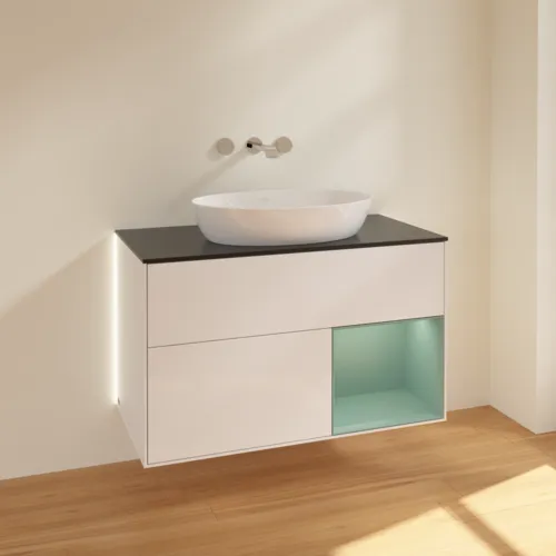 Bild von VILLEROY BOCH Finion Waschbeckenunterschrank, mit Beleuchtung, 2 Auszüge, 1000 x 603 x 501 mm, Glossy White Lacquer / Olive Matt Lacquer / Glass Black Matt #GA22GMGF