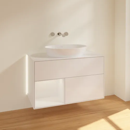 Picture of VILLEROY BOCH Finion Vanity unit, with lighting, 2 pull-out compartments, 1000 x 603 x 501 mm, Glossy White Lacquer / Glossy White Lacquer / Glass White Matt #GA11GFGF