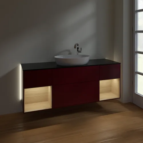Bild von VILLEROY BOCH Finion Waschbeckenunterschrank, mit Beleuchtung, 4 Auszüge, 1600 x 603 x 501 mm, Peony Matt Lacquer / Oak Veneer / Glass Black Matt #G982PCHB