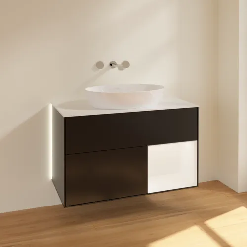 VILLEROY BOCH Finion Waschbeckenunterschrank, mit Beleuchtung, 2 Auszüge, 1000 x 603 x 501 mm, Black Matt Lacquer / White Matt Lacquer / Glass White Matt #GA21MTPD, Bild 2