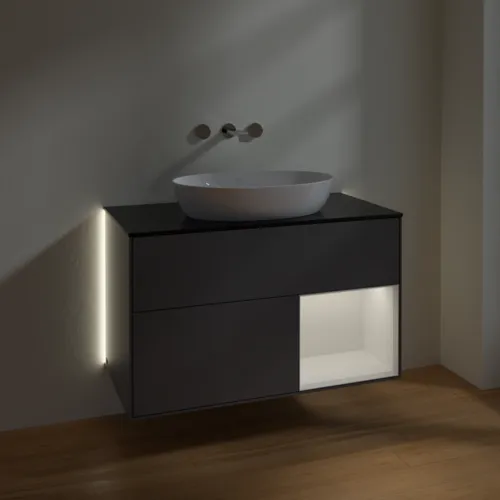 VILLEROY BOCH Finion Waschbeckenunterschrank, mit Beleuchtung, 2 Auszüge, 1000 x 603 x 501 mm, Anthracite Matt Lacquer / Glossy White Lacquer / Glass Black Matt #GA22GFGK, Bild 5
