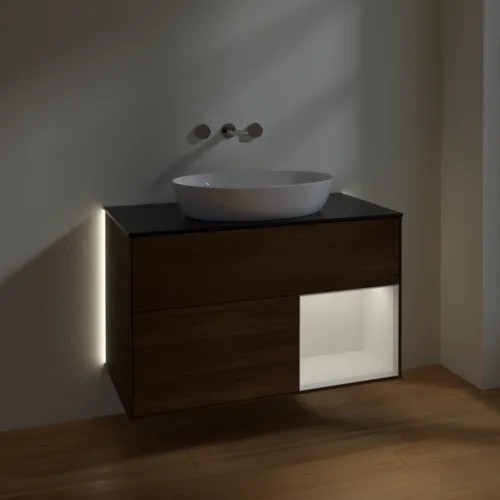 Bild von VILLEROY BOCH Finion Waschbeckenunterschrank, mit Beleuchtung, 2 Auszüge, 1000 x 603 x 501 mm, Walnut Veneer / Glossy White Lacquer / Glass Black Matt #GA22GFGN