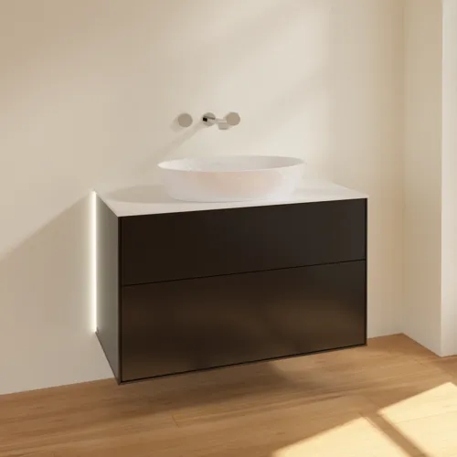 Bild von VILLEROY BOCH Finion Waschbeckenunterschrank, mit Beleuchtung, 2 Auszüge, 1000 x 603 x 501 mm, Black Matt Lacquer / Glass White Matt #GA0100PD