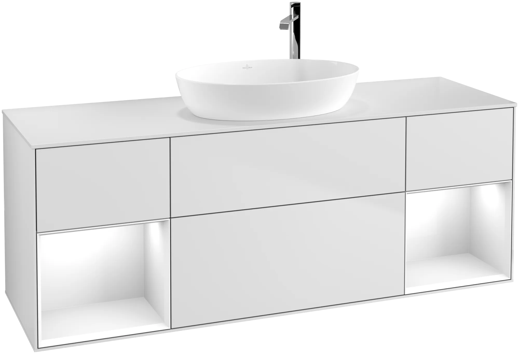 Зображення з  VILLEROY BOCH Finion Vanity unit, with lighting, 4 pull-out compartments, 1600 x 603 x 501 mm, White Matt Lacquer / Glossy White Lacquer / Glass White Matt #G981GFMT
