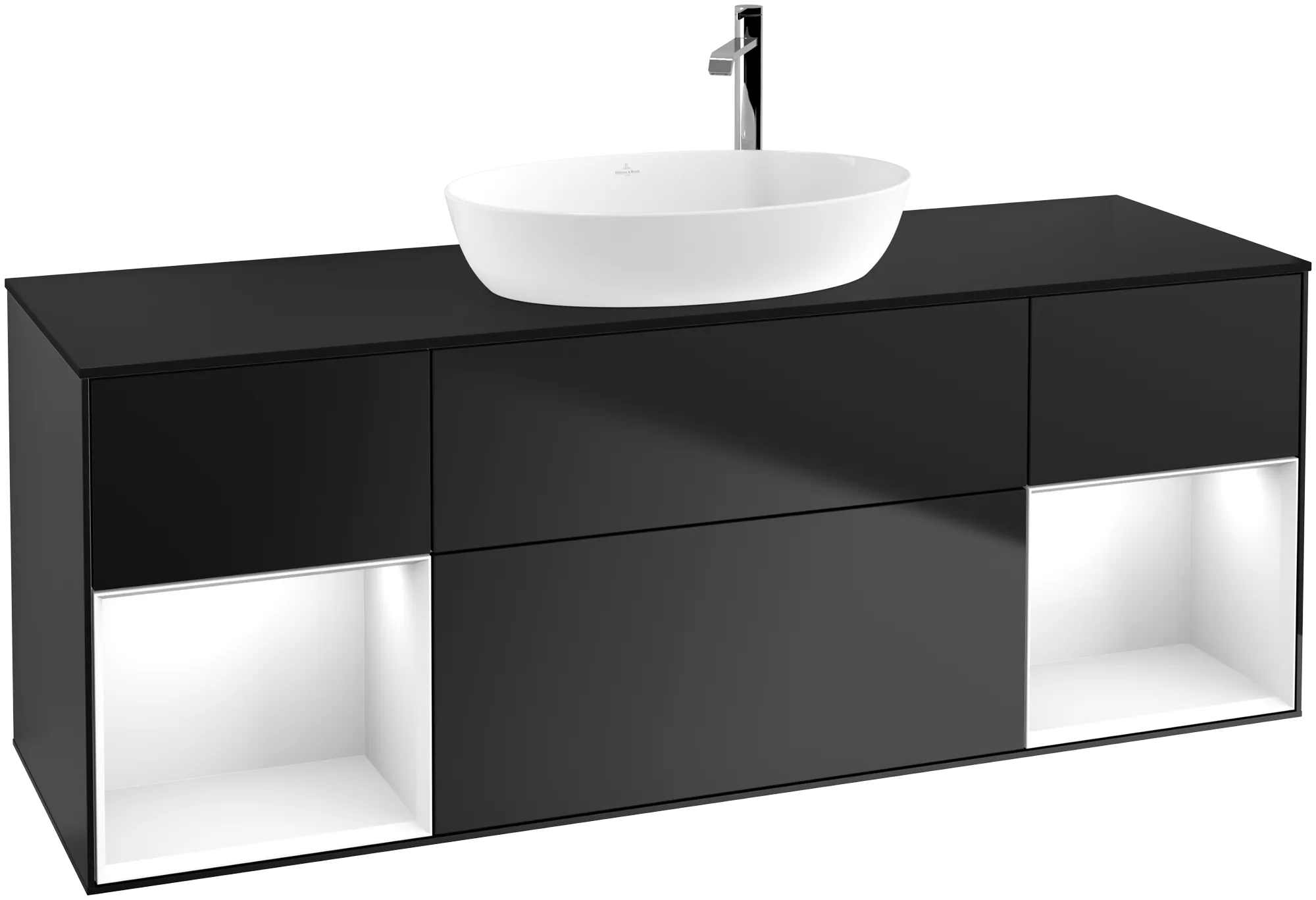Зображення з  VILLEROY BOCH Finion Vanity unit, with lighting, 4 pull-out compartments, 1600 x 603 x 501 mm, Black Matt Lacquer / Glossy White Lacquer / Glass Black Matt #G982GFPD