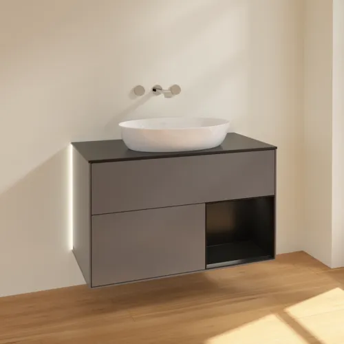 Bild von VILLEROY BOCH Finion Waschbeckenunterschrank, mit Beleuchtung, 2 Auszüge, 1000 x 603 x 501 mm, Anthracite Matt Lacquer / Black Matt Lacquer / Glass Black Matt #GA22PDGK