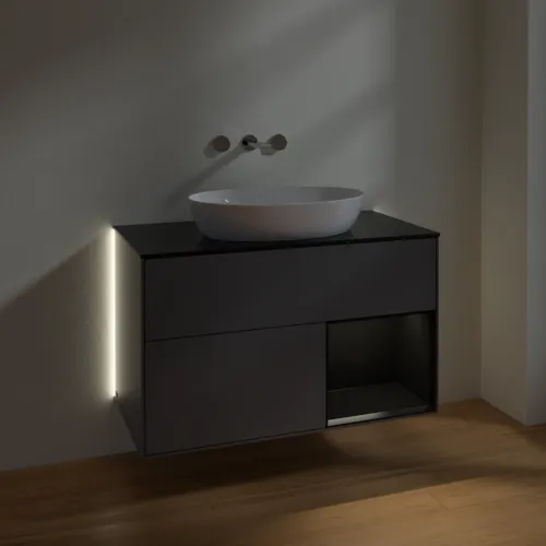 Bild von VILLEROY BOCH Finion Waschbeckenunterschrank, mit Beleuchtung, 2 Auszüge, 1000 x 603 x 501 mm, Anthracite Matt Lacquer / Black Matt Lacquer / Glass Black Matt #GA22PDGK