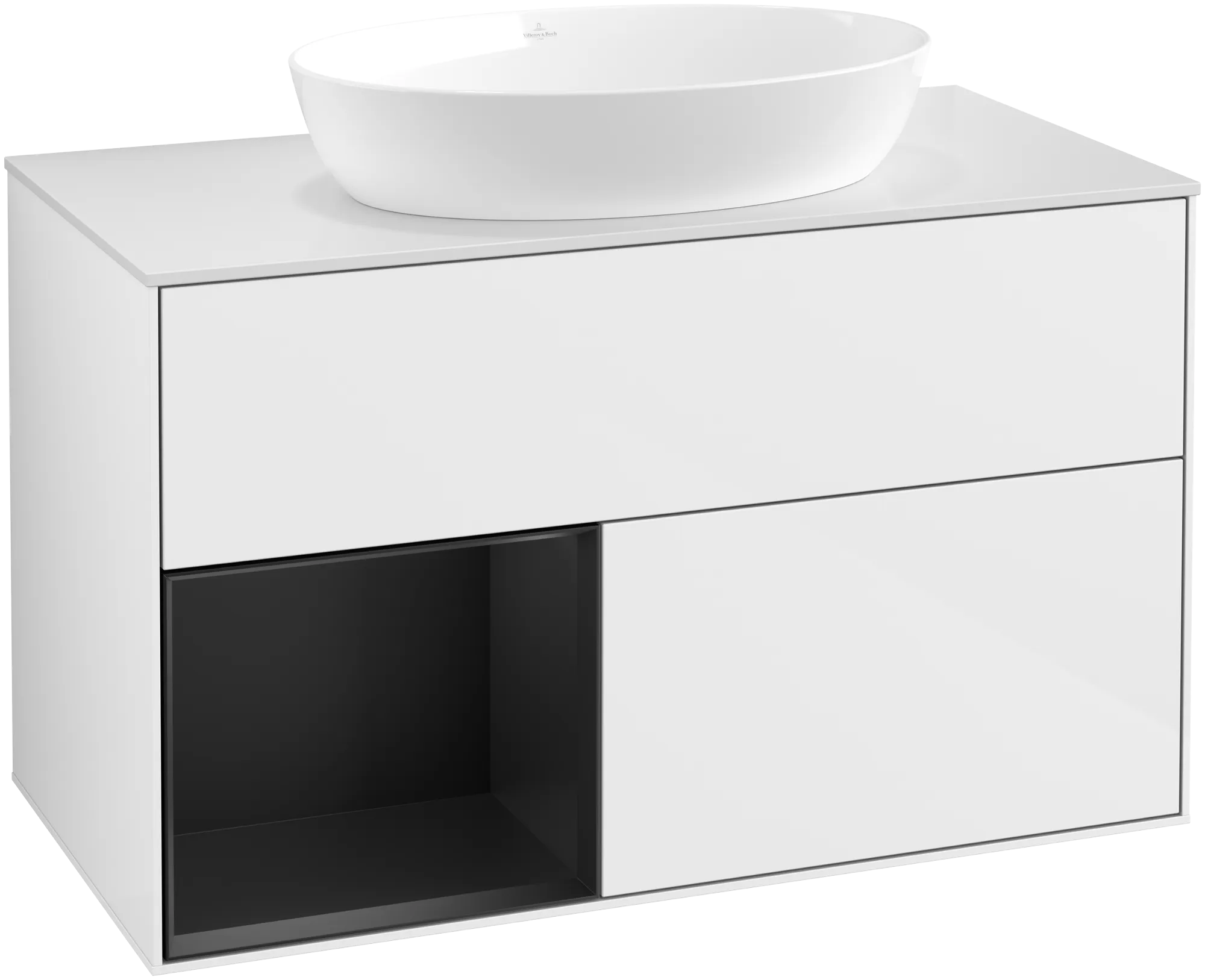 Picture of VILLEROY BOCH Finion Vanity unit, with lighting, 2 pull-out compartments, 1000 x 603 x 501 mm, Glossy White Lacquer / Black Matt Lacquer / Glass White Matt #GA11PDGF