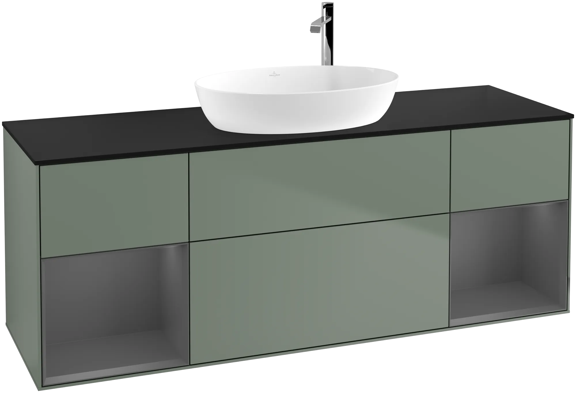 Picture of VILLEROY BOCH Finion Vanity unit, with lighting, 4 pull-out compartments, 1600 x 603 x 501 mm, Olive Matt Lacquer / Anthracite Matt Lacquer / Glass Black Matt #G982GKGM
