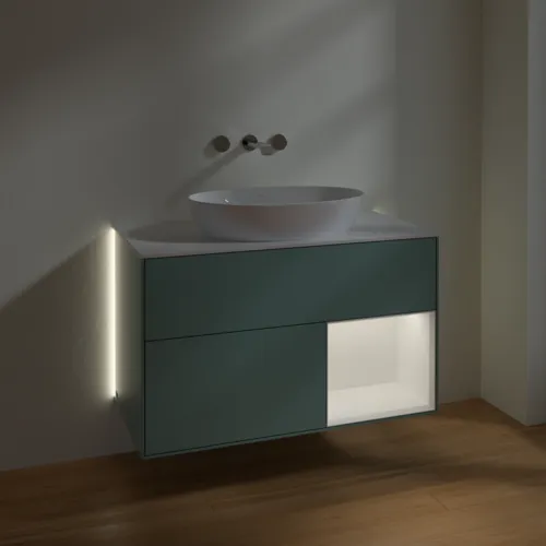 Bild von VILLEROY BOCH Finion Waschbeckenunterschrank, mit Beleuchtung, 2 Auszüge, 1000 x 603 x 501 mm, Olive Matt Lacquer / White Matt Lacquer / Glass White Matt #GA21MTGM