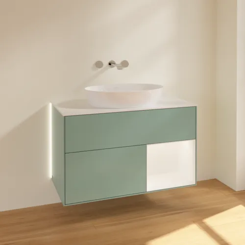Bild von VILLEROY BOCH Finion Waschbeckenunterschrank, mit Beleuchtung, 2 Auszüge, 1000 x 603 x 501 mm, Olive Matt Lacquer / White Matt Lacquer / Glass White Matt #GA21MTGM