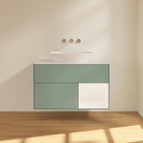Bild von VILLEROY BOCH Finion Waschbeckenunterschrank, mit Beleuchtung, 2 Auszüge, 1000 x 603 x 501 mm, Olive Matt Lacquer / White Matt Lacquer / Glass White Matt #GA21MTGM