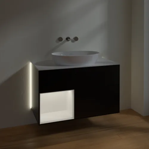 Bild von VILLEROY BOCH Finion Waschbeckenunterschrank, mit Beleuchtung, 2 Auszüge, 1000 x 603 x 501 mm, Black Matt Lacquer / White Matt Lacquer / Glass White Matt #GA11MTPD