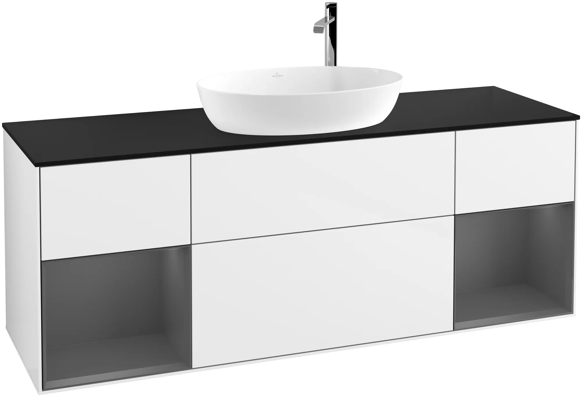 Зображення з  VILLEROY BOCH Finion Vanity unit, with lighting, 4 pull-out compartments, 1600 x 603 x 501 mm, Glossy White Lacquer / Anthracite Matt Lacquer / Glass Black Matt #G982GKGF