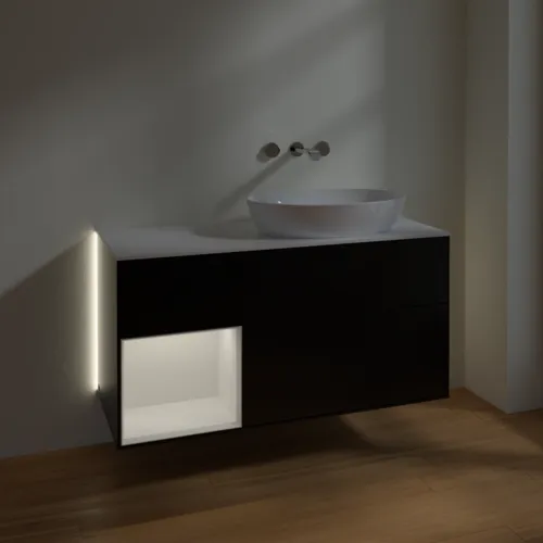 VILLEROY BOCH Finion Waschbeckenunterschrank, mit Beleuchtung, 3 Auszüge, 1200 x 603 x 501 mm, Black Matt Lacquer / Glossy White Lacquer / Glass White Matt #GA41GFPD, Bild 5