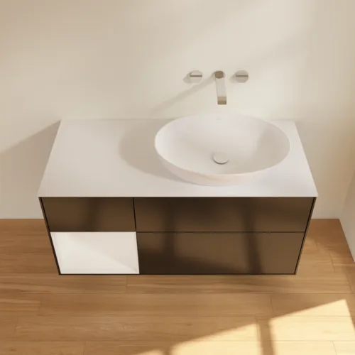 VILLEROY BOCH Finion Waschbeckenunterschrank, mit Beleuchtung, 3 Auszüge, 1200 x 603 x 501 mm, Black Matt Lacquer / Glossy White Lacquer / Glass White Matt #GA41GFPD, Bild 4