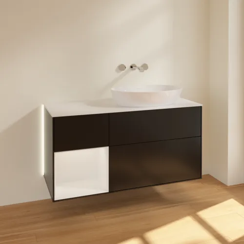 VILLEROY BOCH Finion Waschbeckenunterschrank, mit Beleuchtung, 3 Auszüge, 1200 x 603 x 501 mm, Black Matt Lacquer / Glossy White Lacquer / Glass White Matt #GA41GFPD, Bild 2